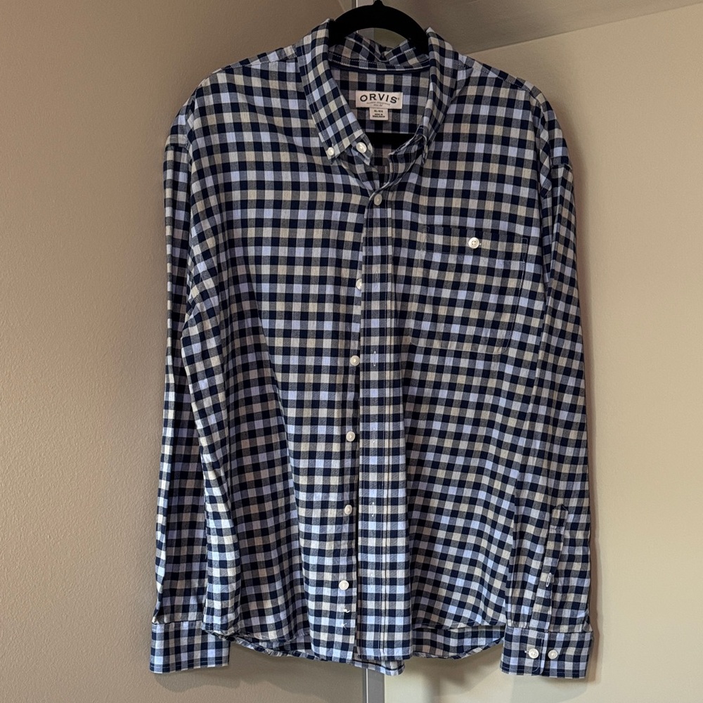 Orvis Men's Long Sleeved Blue Plaid Shirt size XL cotton lyocell